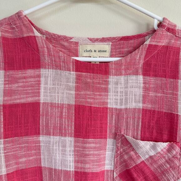 Cloth & Stone Linen Blend Picnic Gingham Plaid Shirt Button Back Pink White S - Picture 3 of 11